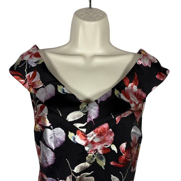 NY & Co Floral Metallic Sheath Dress Print Black Formal Cap Sleeve V Neck - M - Picture 3 of 7